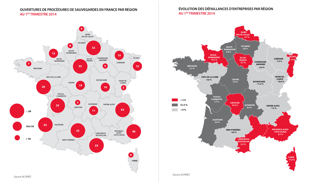 carte des défaillances d'entreprises au premier trimestre 2014