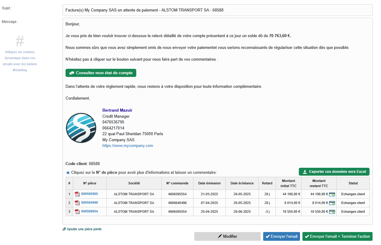 e-mail de relance My DSO Manager